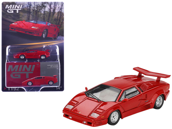 Mini GT Lamborghini Countach 25th Anniversary red 1:64 diecast model with blister packaging