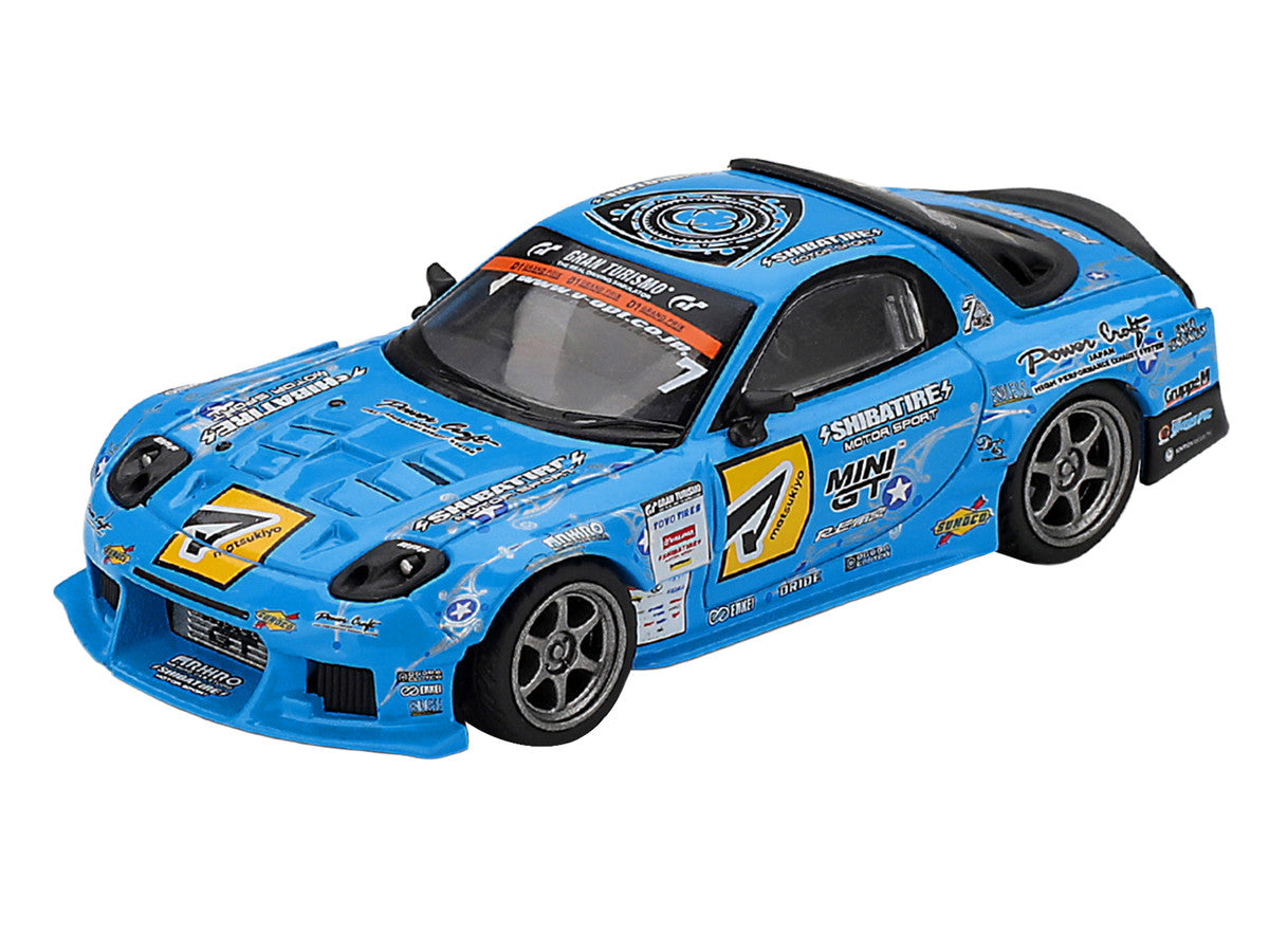Mazda RX-7 RE-Amemiya D1GP blue Mini GT diecast front three-quarter view