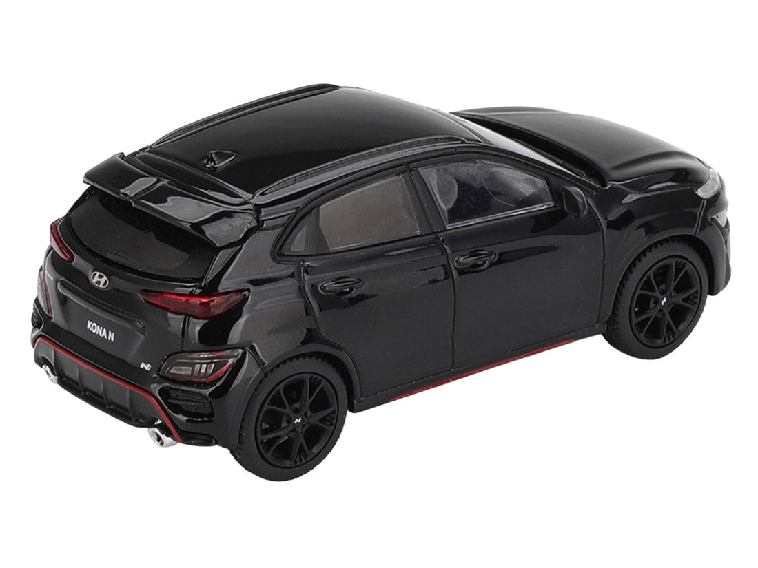 Hyundai Kona N Phantom Black 1:64 diecast model rear three-quarter view by Mini GT