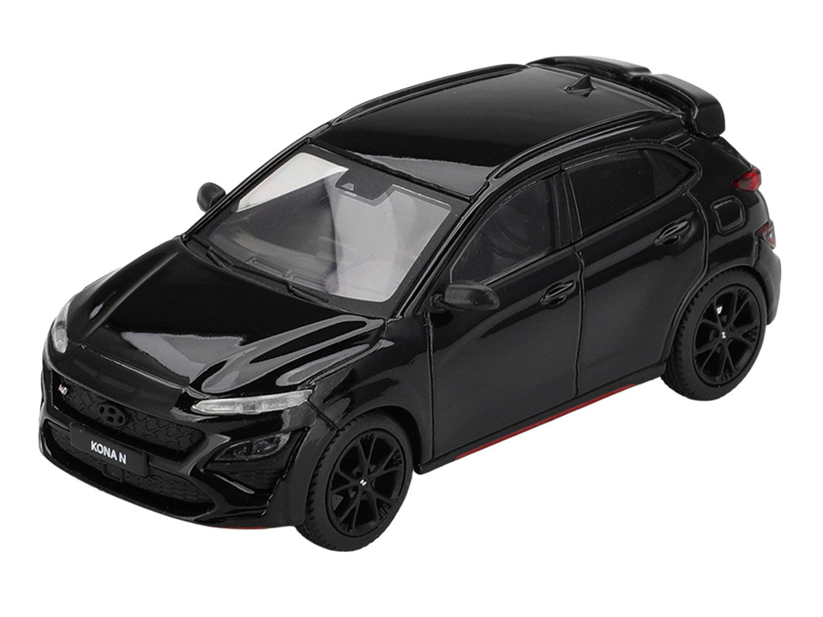 Hyundai Kona N Phantom Black 1:64 diecast model front three-quarter view by Mini GT