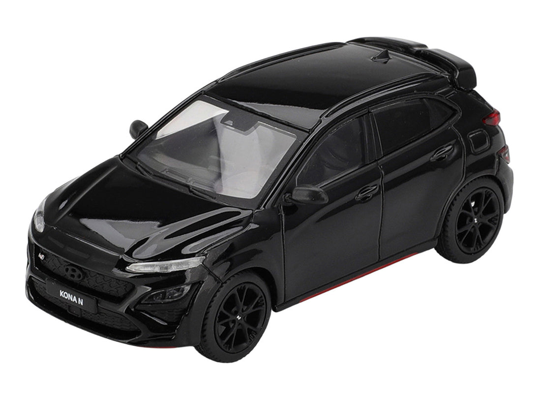 Hyundai Kona N Phantom Black 1:64 diecast model front three-quarter view by Mini GT