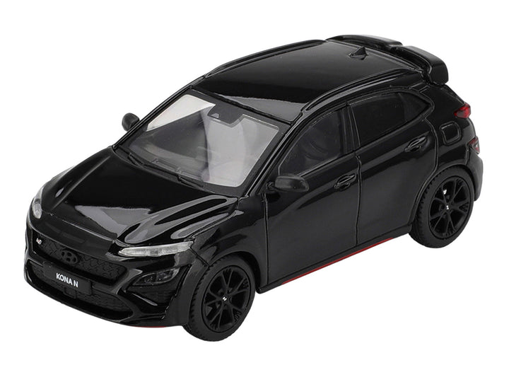 Hyundai Kona N Phantom Black 1:64 diecast model front three-quarter view by Mini GT
