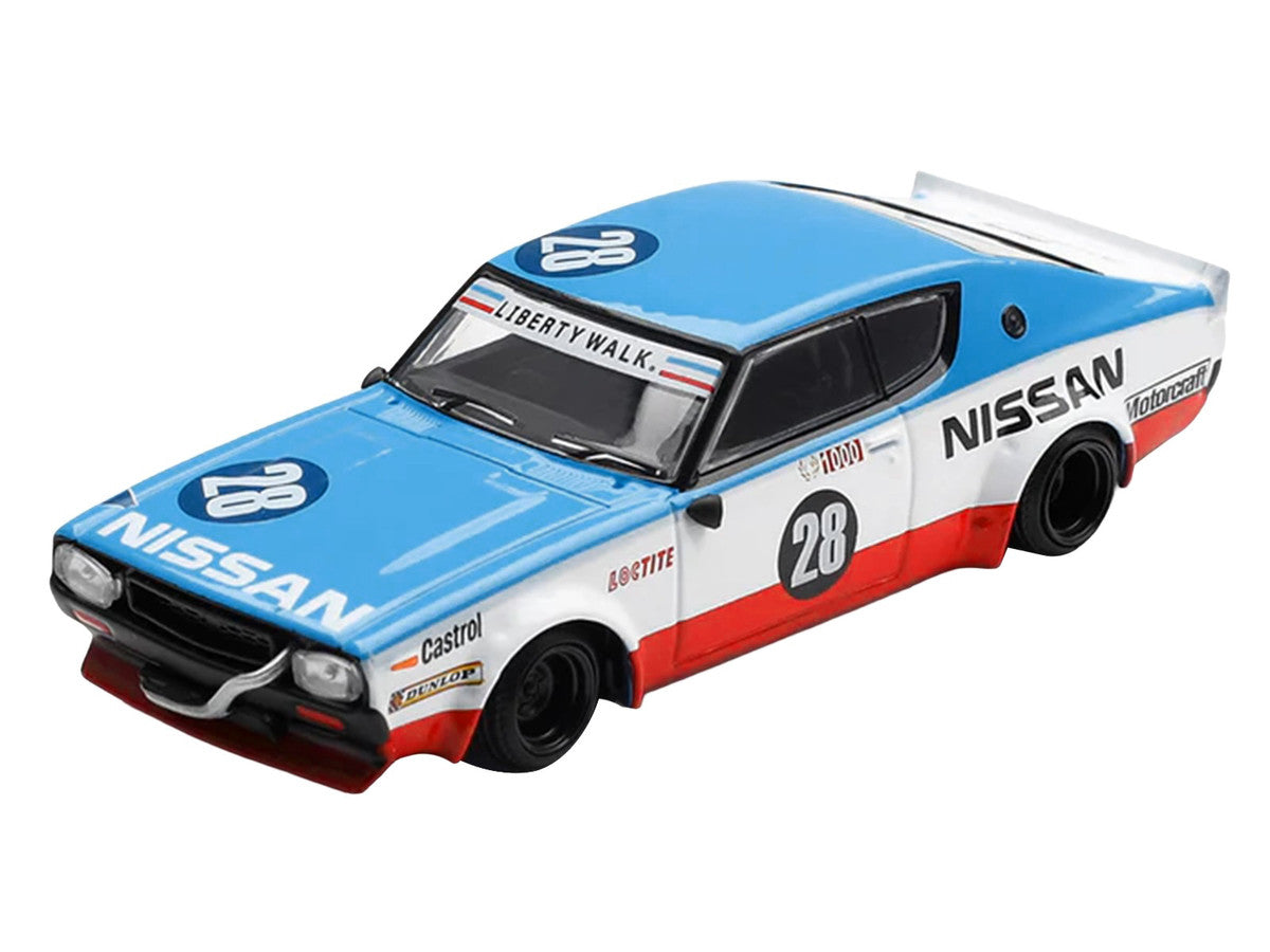 Nissan Skyline Kenmeri RHD (Right Hand Drive) #28 "Liberty Walk - Nissan Racing 1975 Concept" Blue and White with Red Stripes Limited Edition 1/64 Diecast Model Car by Mini GT-1