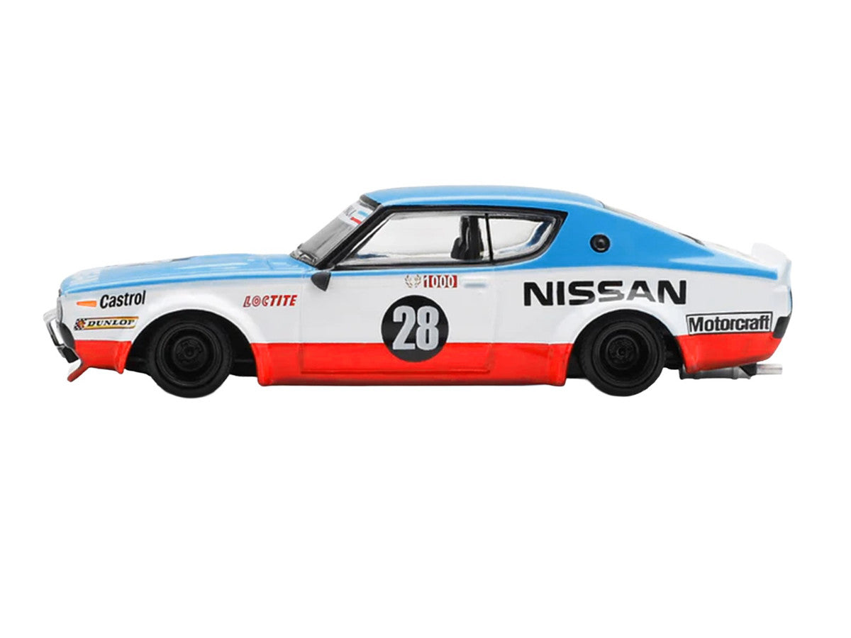 Nissan Skyline Kenmeri RHD (Right Hand Drive) #28 "Liberty Walk - Nissan Racing 1975 Concept" Blue and White with Red Stripes Limited Edition 1/64 Diecast Model Car by Mini GT-2
