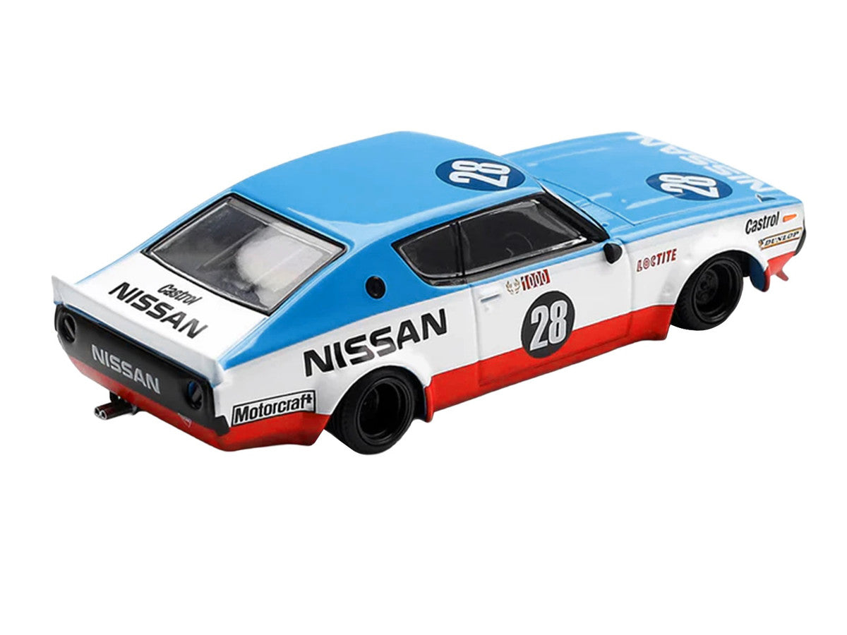 Nissan Skyline Kenmeri RHD (Right Hand Drive) #28 "Liberty Walk - Nissan Racing 1975 Concept" Blue and White with Red Stripes Limited Edition 1/64 Diecast Model Car by Mini GT-3