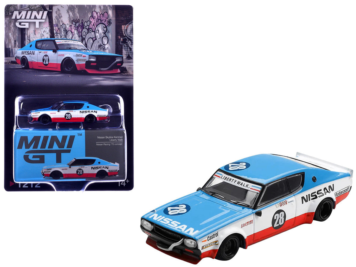 Nissan Skyline Kenmeri RHD (Right Hand Drive) #28 "Liberty Walk - Nissan Racing 1975 Concept" Blue and White with Red Stripes Limited Edition 1/64 Diecast Model Car by Mini GT-0