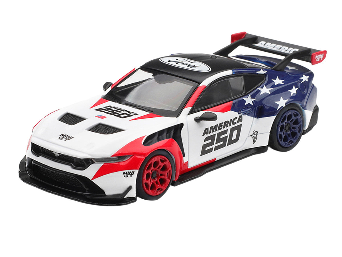 Ford Mustang GTD America 250 white 1:64 diecast model front three-quarter view by Mini GT