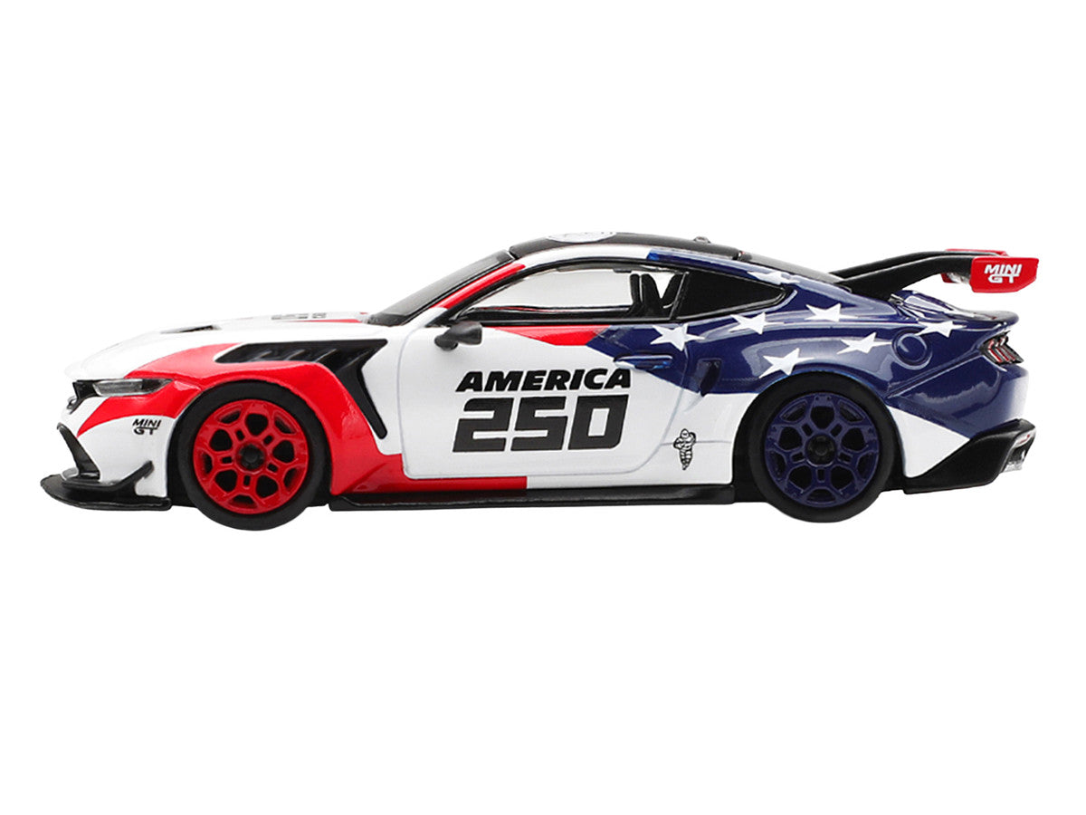 Mini GT Ford Mustang GTD America 250 1:64 diecast model side profile with red white and blue graphics