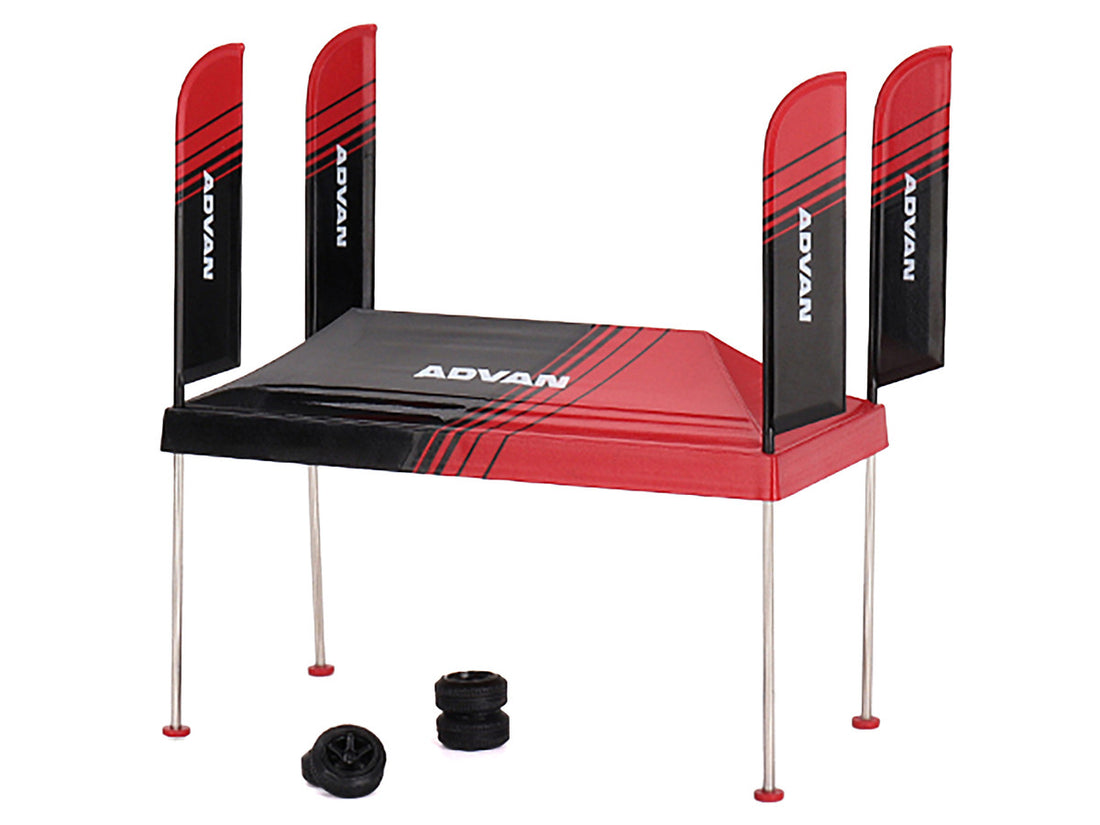 Paddock Service Tent Set with Extra Wheels Red and Black "ADVAN" for 1/64 Scale Models by Mini GT-1