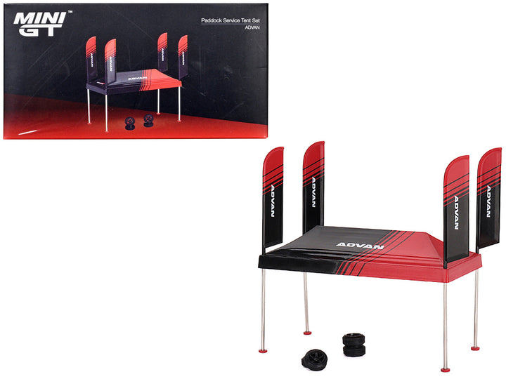 Paddock Service Tent Set with Extra Wheels Red and Black "ADVAN" for 1/64 Scale Models by Mini GT-0