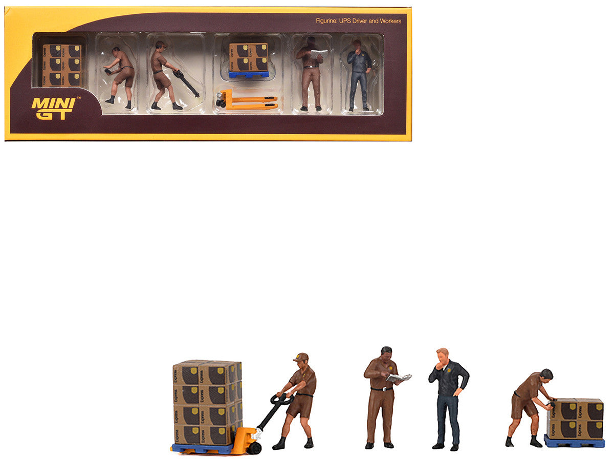 "UPS Driver and Workers" 7 Piece Figure Set for 1/64 Scale Models by Mini GT-0
