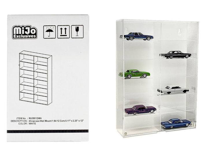 Showcase 12 Car Display Case Wall Mount with White Back Panel "Mijo Exclusives" for 1/64 Scale Models-0