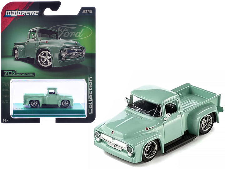 1956 Ford F-100 Pickup Truck Light Green Collection Series 1:64 diecast model by Majorette featuring premium blister packaging and collector display case.