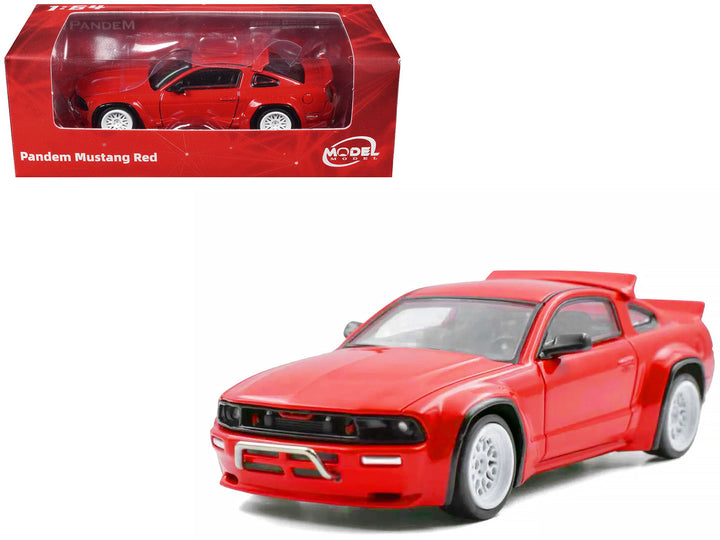 Ford Mustang Pandem Red 1/64 diecast model car by Model Model front three-quarter view with packaging.