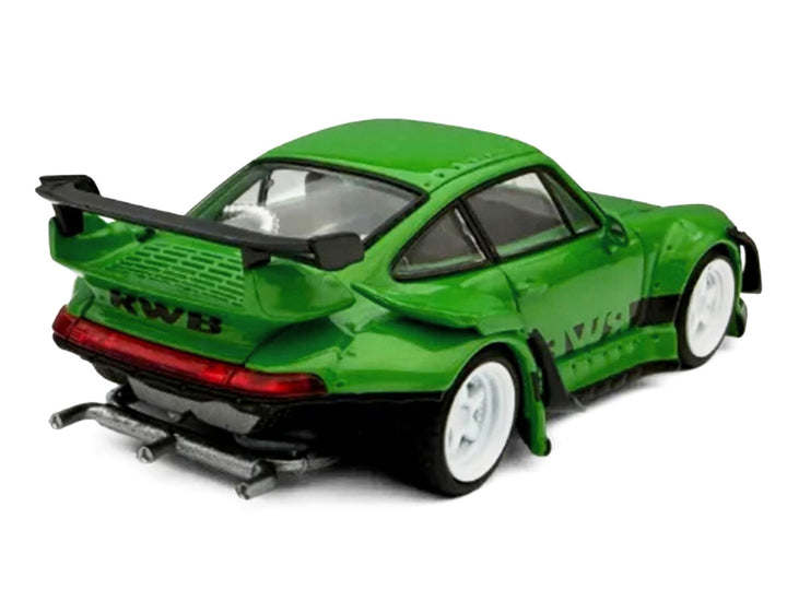 Rear three-quarter view of the RWB 993 Green with Black Stripes 1/64 diecast model by Model Model.