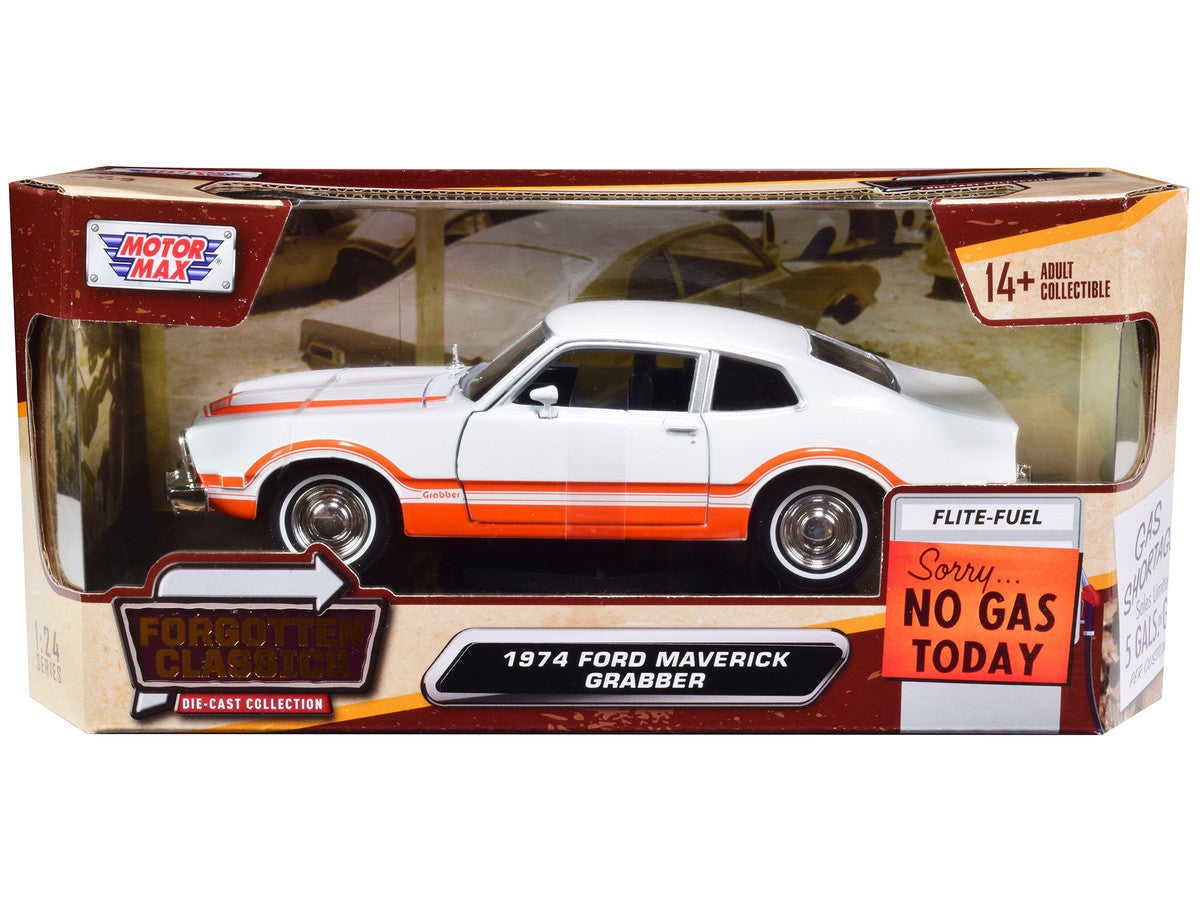 1974 Ford Maverick Grabber White with Orange Stripes "Forgotten Classics" Series 1/24 Diecast Model Car by Motormax-0