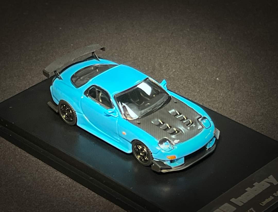 Mazda FD3S RX7 1:64 Diecast by 123 Hobby Top View in Blue Front View