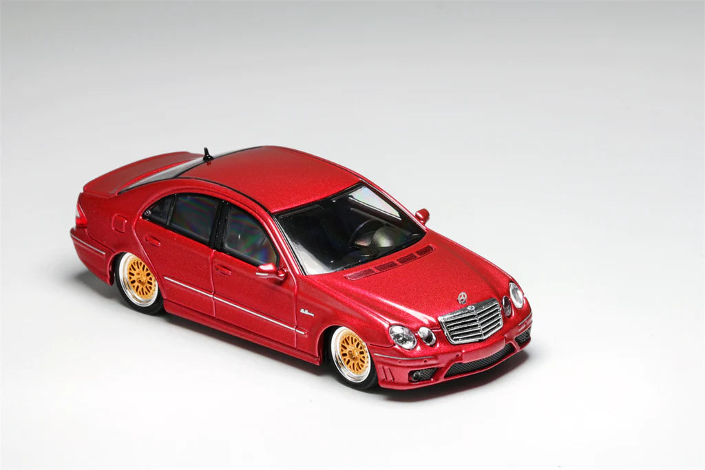 Mercedes-Benz E63 AMG W211 Lowered in Red 1:64 Scale Diecast Model by MK Model Front and Side View