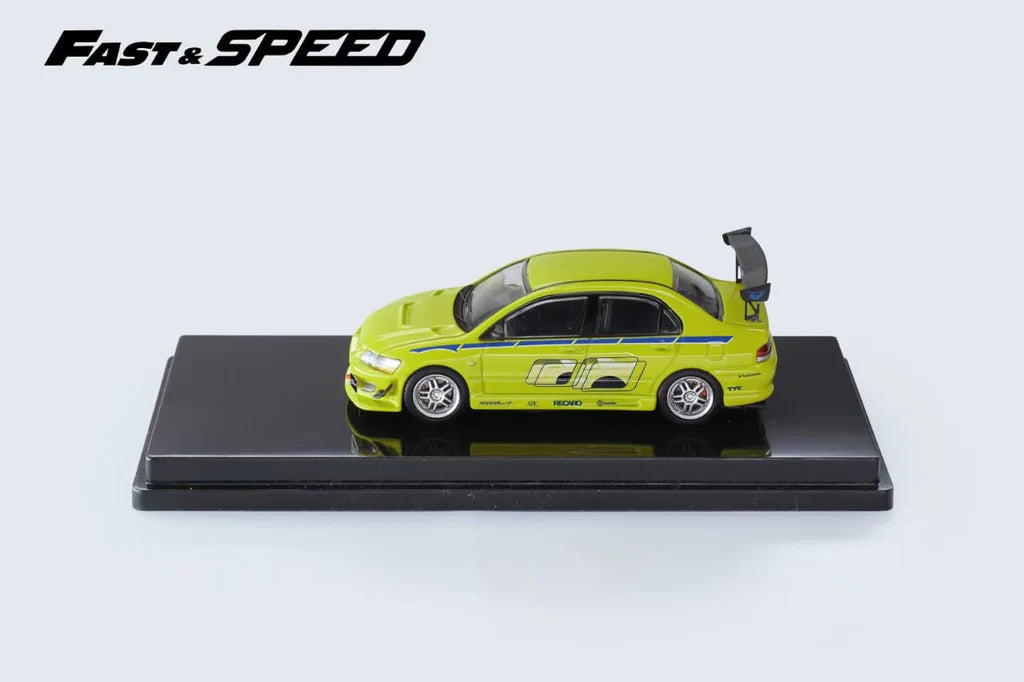 Mitsubishi Lancer Evolution EVO VII FNF Green Livery 1:64 Scale Diecast Model by Fast Speed Mounted Display Side View