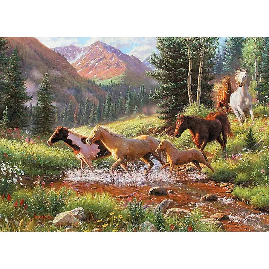 Jack Pine Mountain Thunder 1000 Piece Jigsaw Puzzle featuring a herd of horses running through a mountain meadow - image