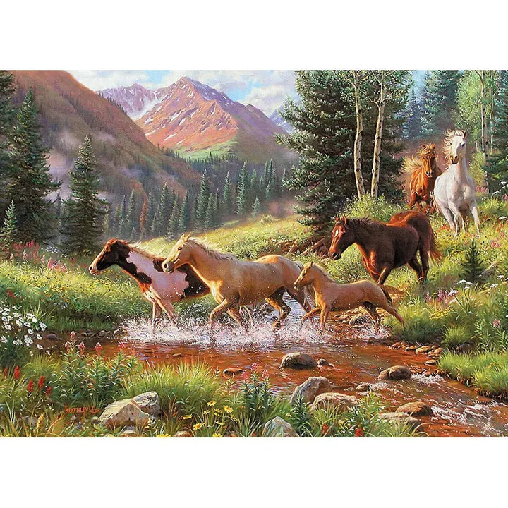 Jack Pine Mountain Thunder 1000 Piece Jigsaw Puzzle featuring a herd of horses running through a mountain meadow - image