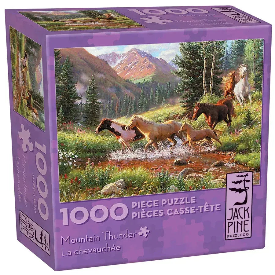 Jack Pine Mountain Thunder 1000 Piece Jigsaw Puzzle featuring a herd of horses running through a mountain meadow