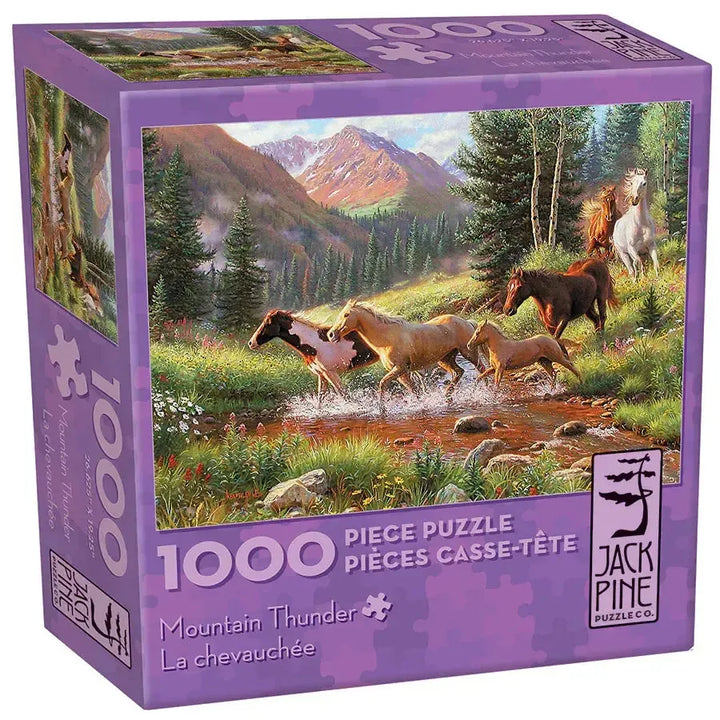 Jack Pine Mountain Thunder 1000 Piece Jigsaw Puzzle featuring a herd of horses running through a mountain meadow