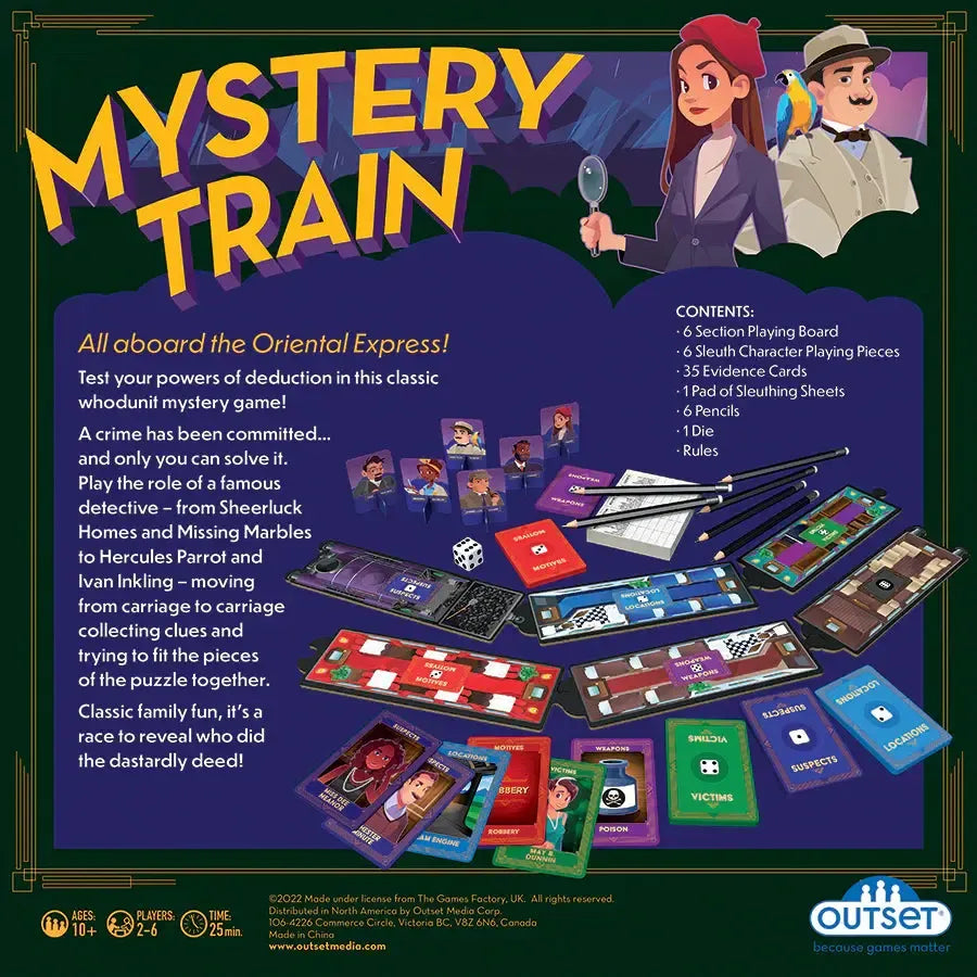 Mystery Train board game back showing detective mystery gameplay and features
