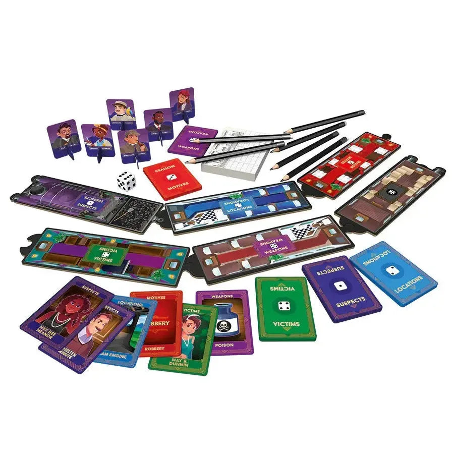 Mystery Train board game components with playing board cards pawns and accessories