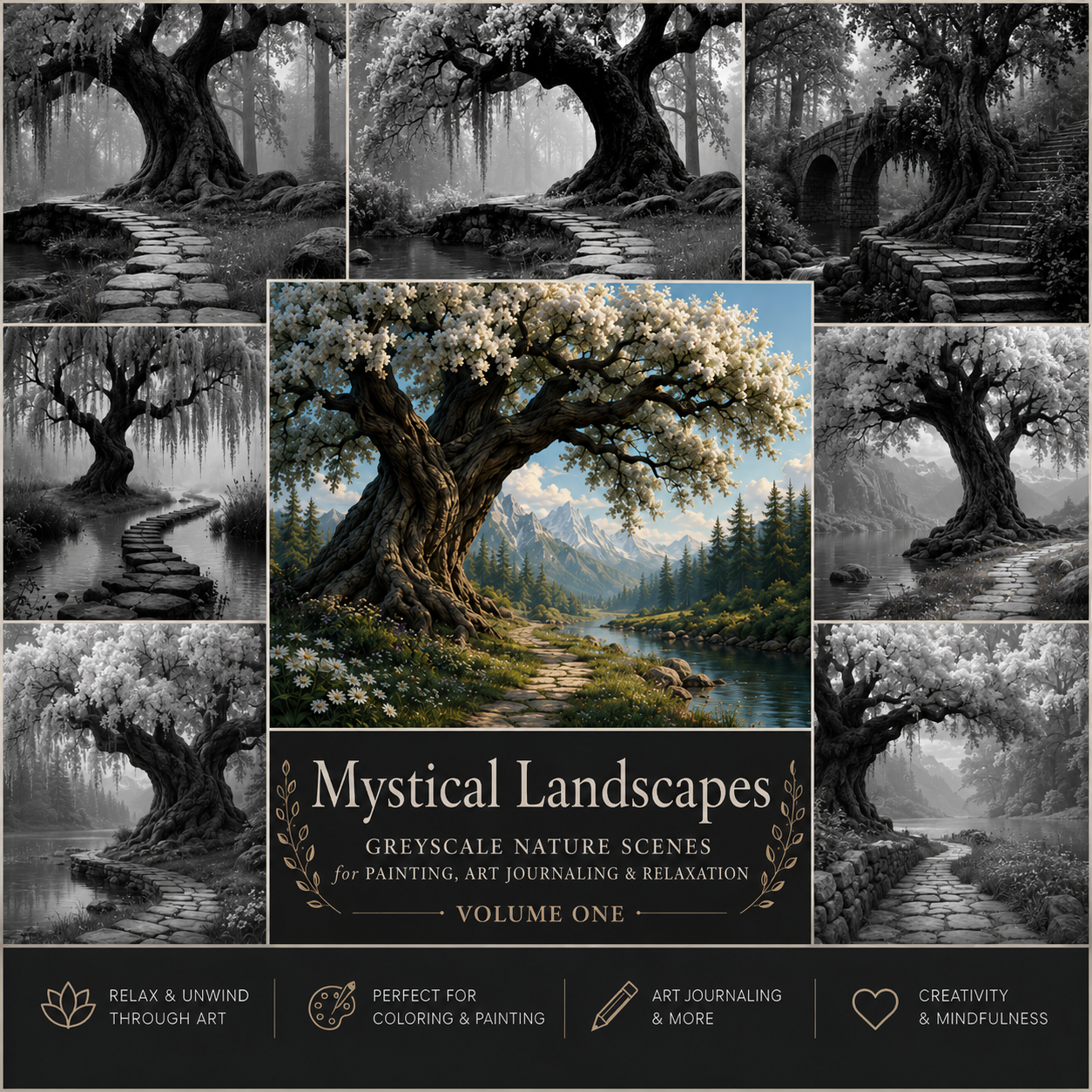 Mystical Landscapes - Greyscale Nature Scenes for Painting, Art Journaling, & Coloring Vol One 5