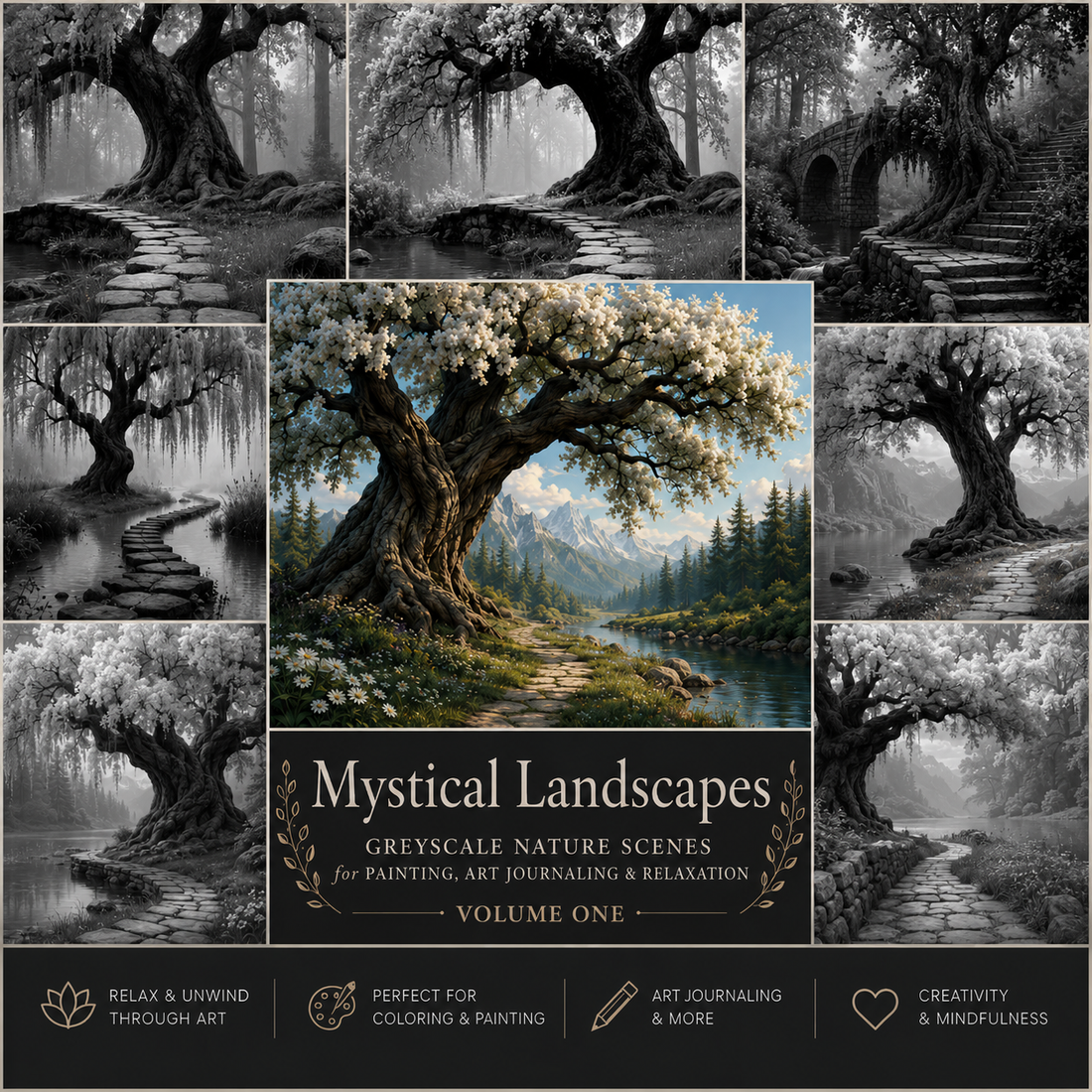 Mystical Landscapes - Greyscale Nature Scenes for Painting, Art Journaling, & Coloring Vol One 5