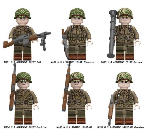 U.S. 101st Airborne Division WWII 6-piece LEGO-compatible military minifigure set with paratrooper gear