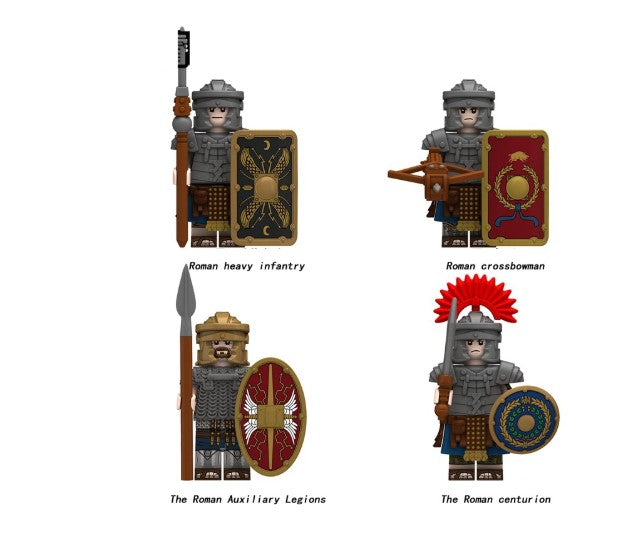 Set of 4 Roman army minifigures including heavy infantry, crossbowman, auxiliary legionary, and Roman centurion with shields and helmets, LEGO-compatible