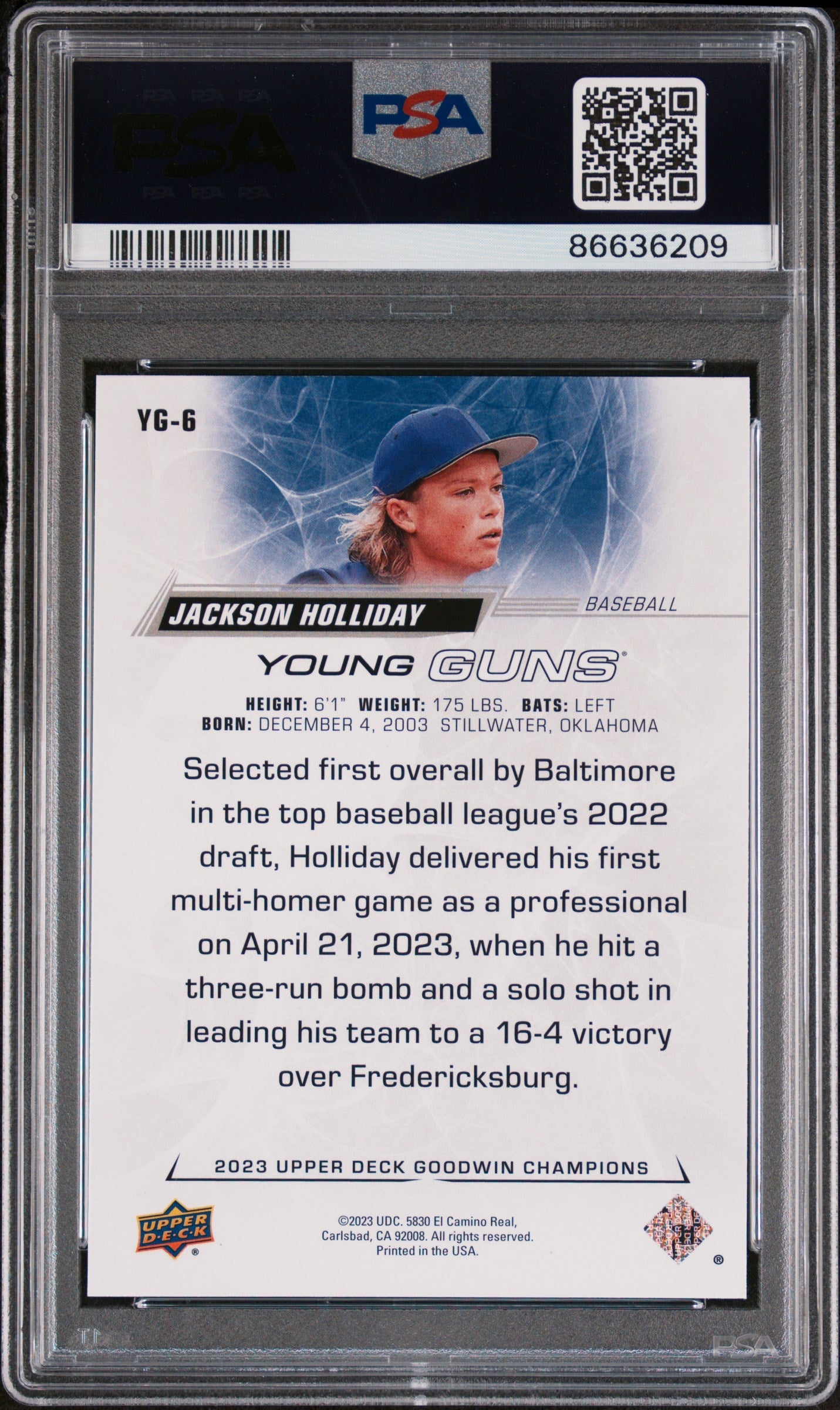 2023 UPPER DECK GOODWIN CHAMPIONS UPPER DECK YOUNG GUNS JACKSON HOLLIDAY  #YG6 - PSA 10 2