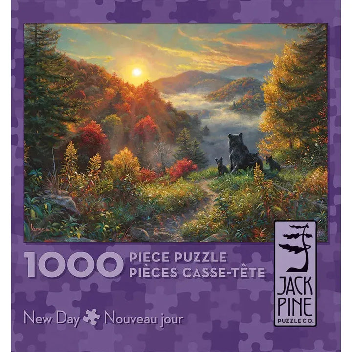 Jack Pine New Day 1000 Piece Jigsaw Puzzle featuring a colorful sunrise over mountains and an autumn forest landscape
