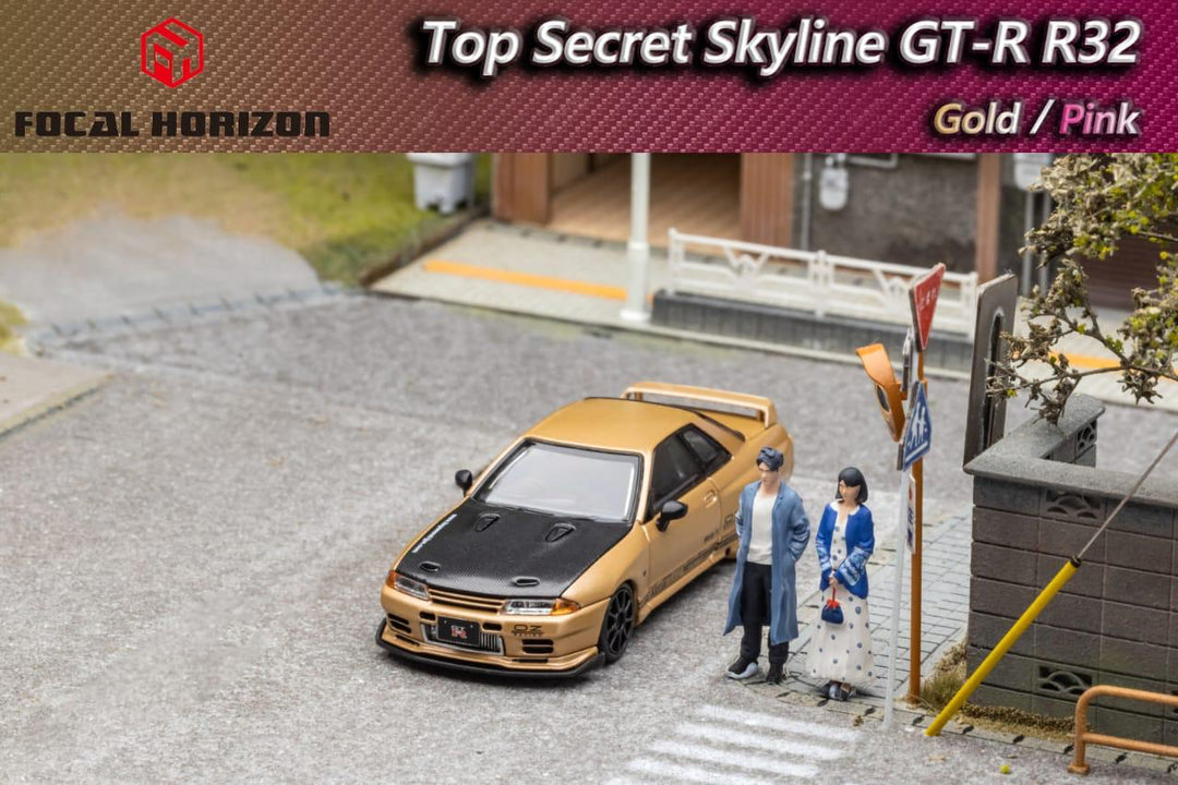 Nissan Skyline GT-R R32 Top Secret with Carbon Hood 1:64 Diecast Car Gold Front View by Focal Horizon