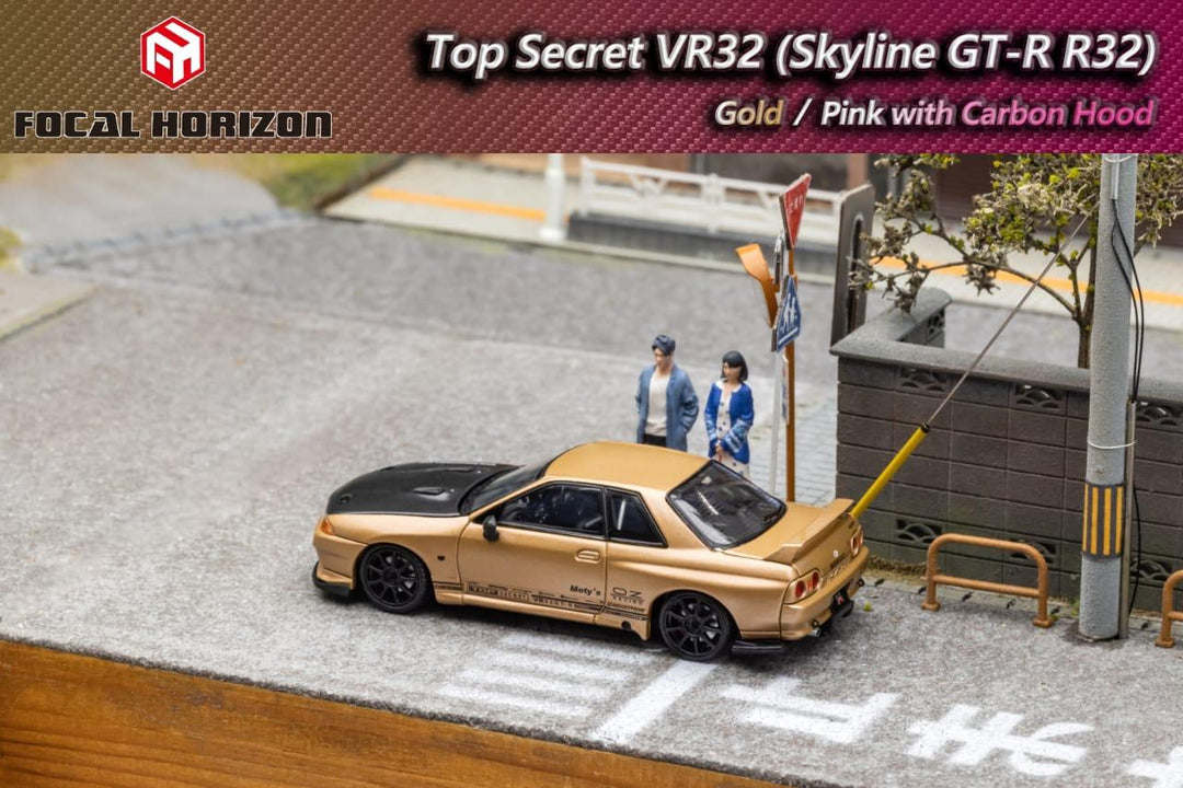 Nissan Skyline GT-R R32 Top Secret with Carbon Hood 1:64 Diecast Car Gold by Focal Horizon