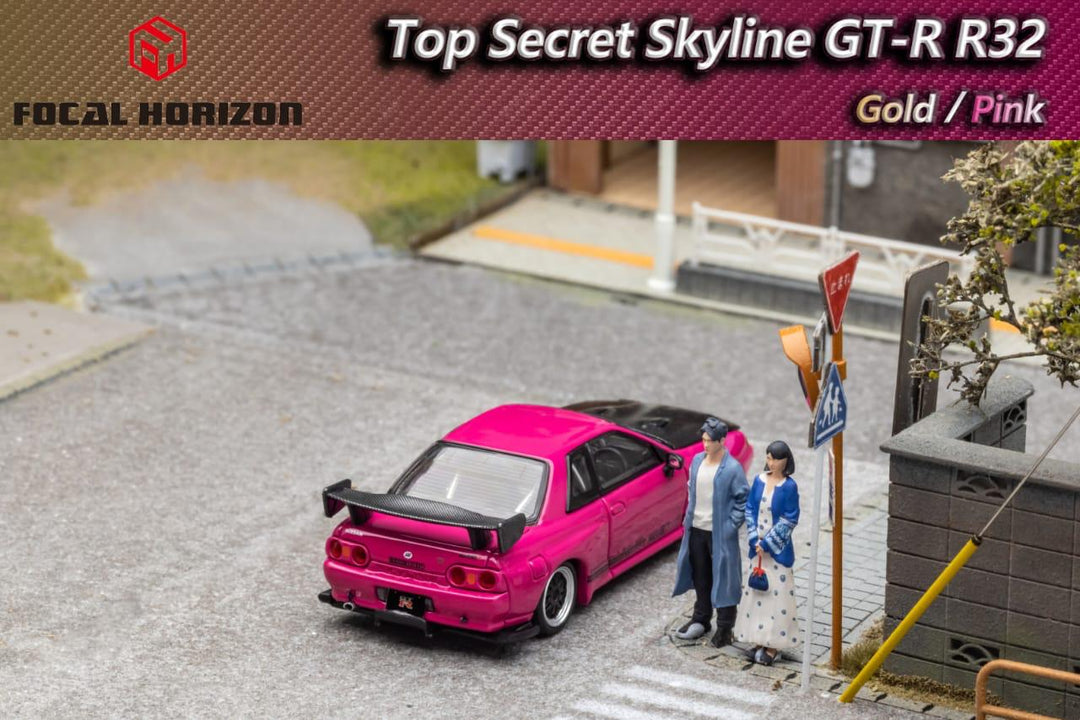 Nissan Skyline GT-R R32 Top Secret with Carbon Hood 1:64 Diecast Car Pink Rear View by Focal Horizon