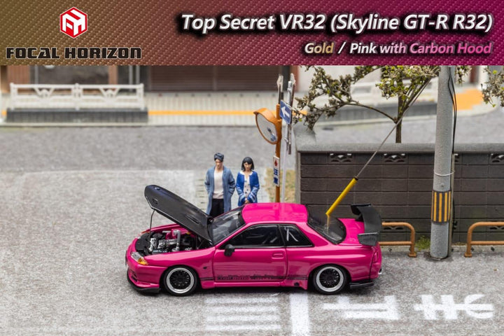 Nissan Skyline GT-R R32 Top Secret with Carbon Hood 1:64 Diecast Car Pink Open Hood by Focal Horizon