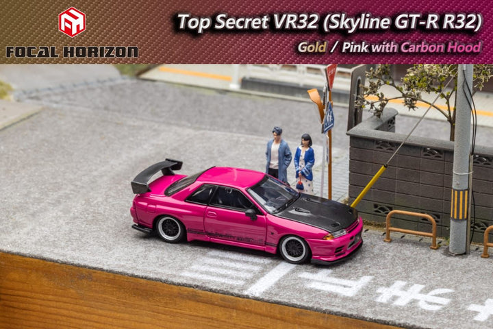 Nissan Skyline GT-R R32 Top Secret with Carbon Hood 1:64 Diecast Car Pink Side View by Focal Horizon
