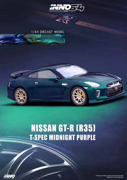 Nissan GT-R (R35) T-SPEC Midnight Purple 1:64 Scale Diecast Car by Inno64 IN64-R35TS-MP Side View Image