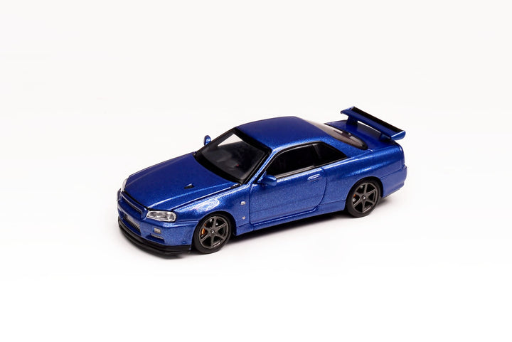 Nissan Skyline GT-R R34 V Spec II 1:64 Scale Diecast Model by Motorhelix Side View in Blue