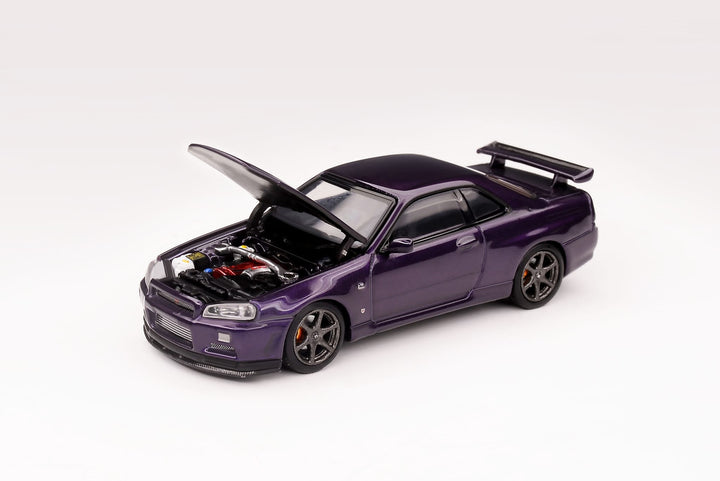 Nissan Skyline GT-R R34 V Spec II 1:64 Scale Diecast Model by Motorhelix Open Hood in Purple