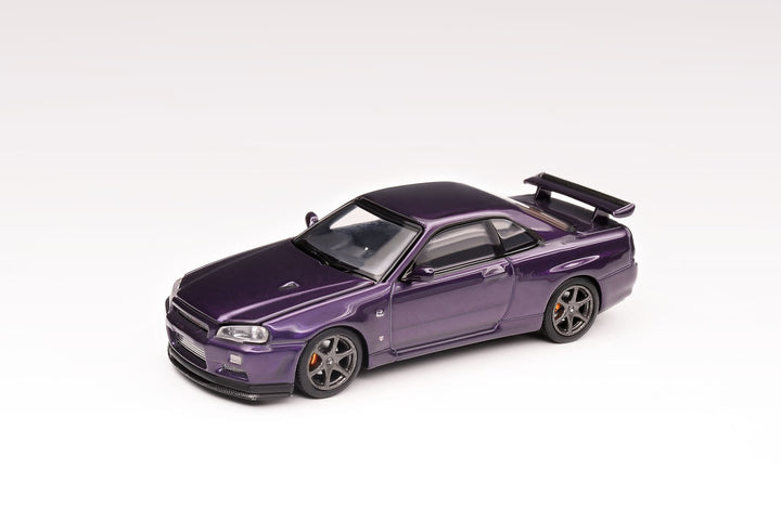Nissan Skyline GT-R R34 V Spec II 1:64 Scale Diecast Model by Motorhelix Front View in Purple