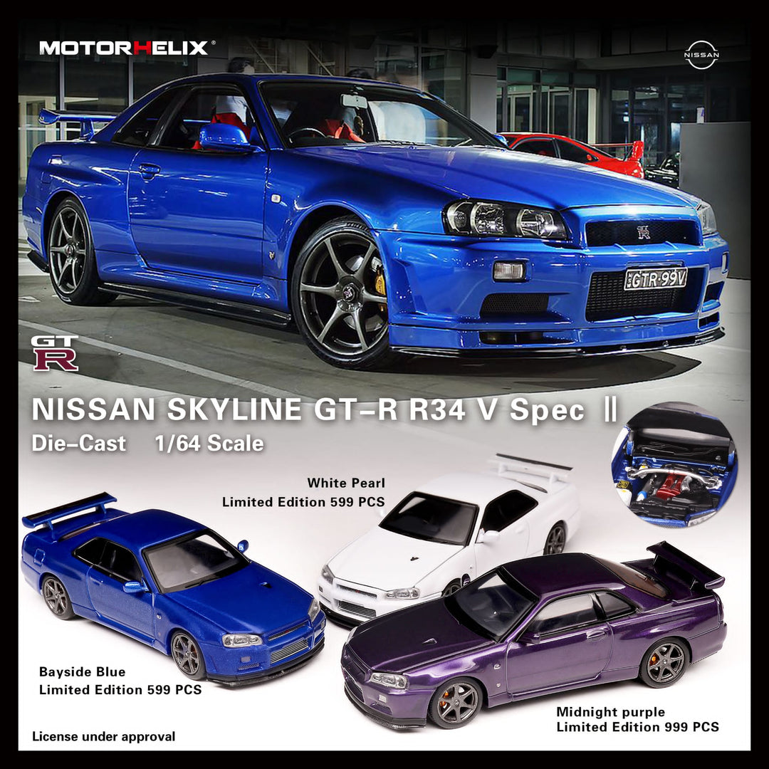 Nissan Skyline GT-R R34 V Spec II 1:64 Scale Diecast Model by Motorhelix - Optional Colors