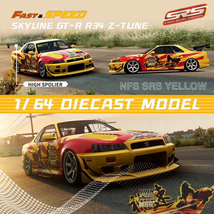 Nissan Skyline GT-R R34 Z-Tune Yellow / Red Livery 1:64 Scale Diecast Model by Fast Speed