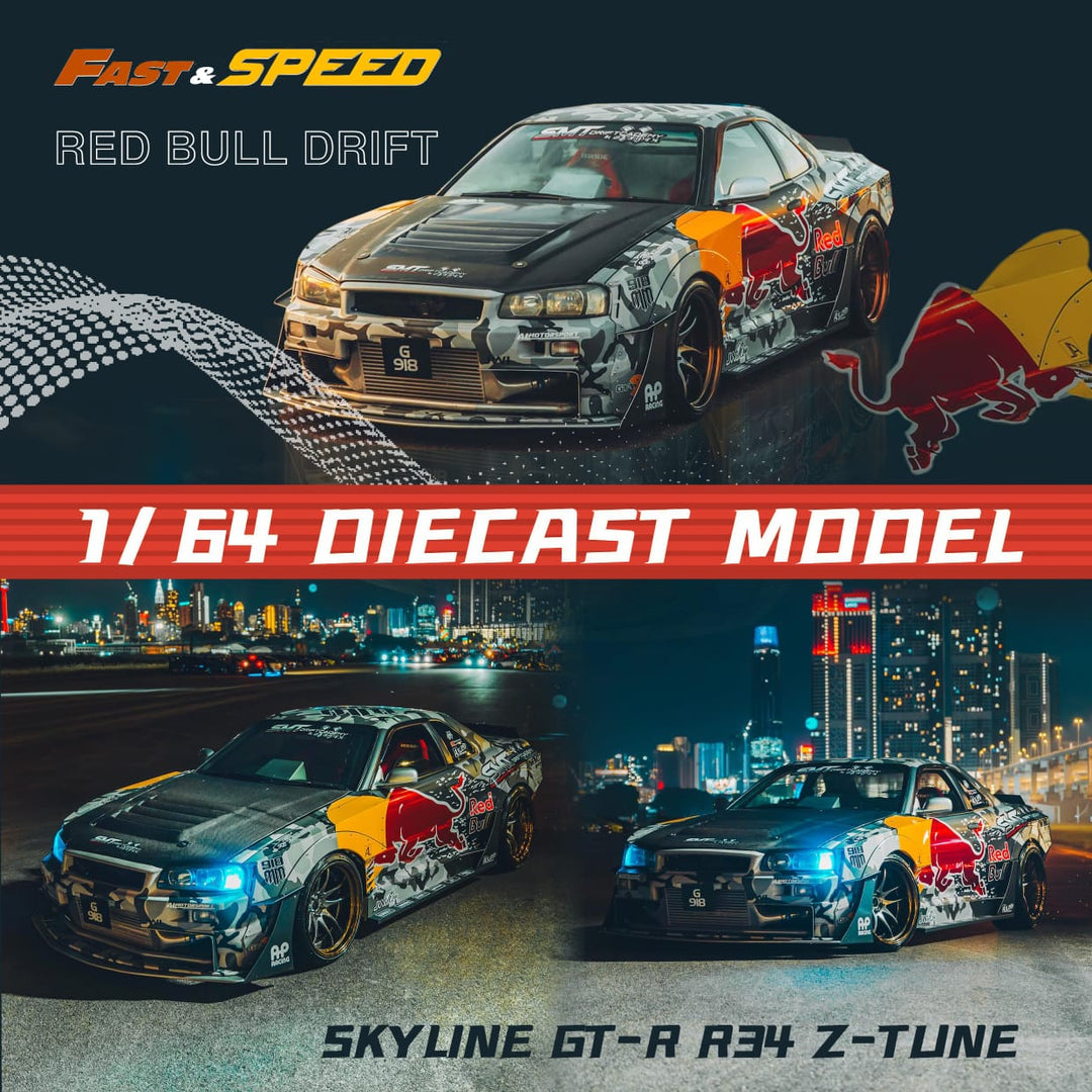 Nissan Skyline GT-R R34 Z-Tune in Red Bull Livery 1:64 Scale Diecast Model by Fast Speed