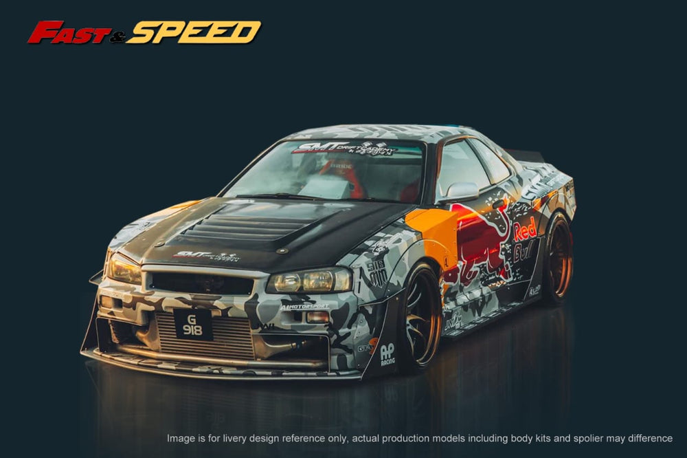 Nissan Skyline GT-R R34 Z-Tune in Red Bull Livery 1:64 Scale Diecast Model by Fast Speed Front and Side View