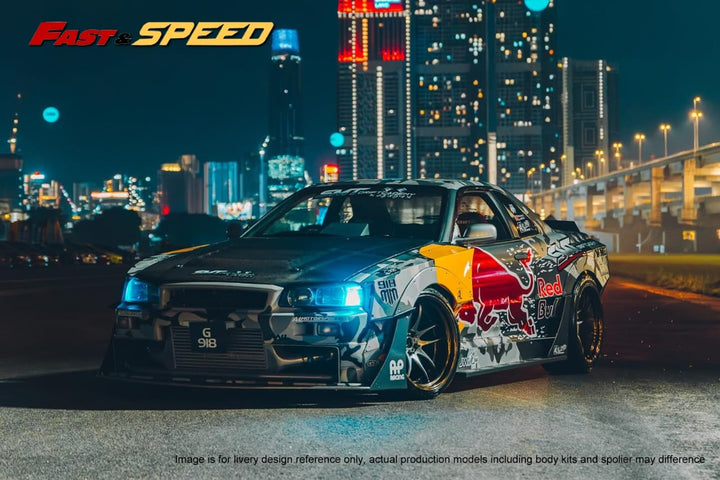 Nissan Skyline GT-R R34 Z-Tune in Red Bull Livery 1:64 Scale Diecast Model by Fast Speed Front View