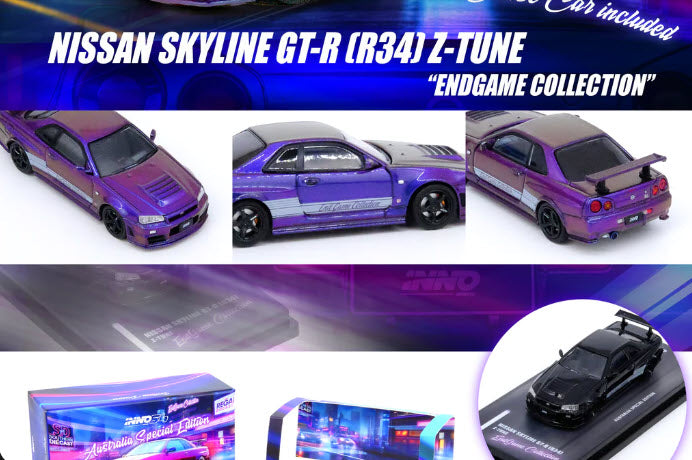 Nissan Skyline R34 Z-Tune "ENDGAME" Australia Special Edition 1:64 Scale Diecast Model by Inno64 Multi Angle View